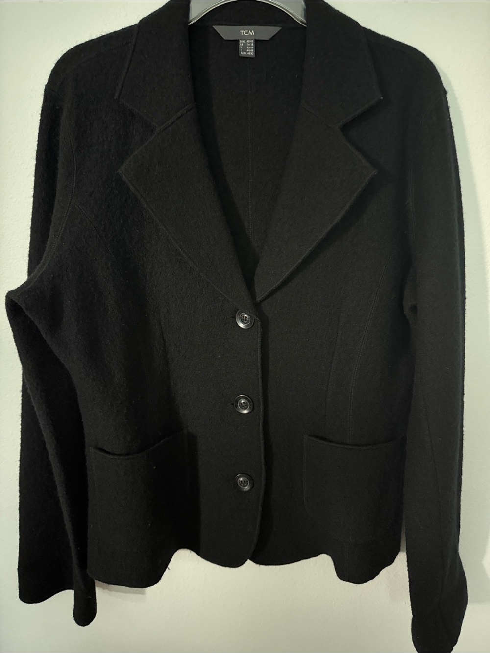 TCM Black 100% Pure New Wool Knit Blazer Jacket 3-Button Notched Lapel Size L